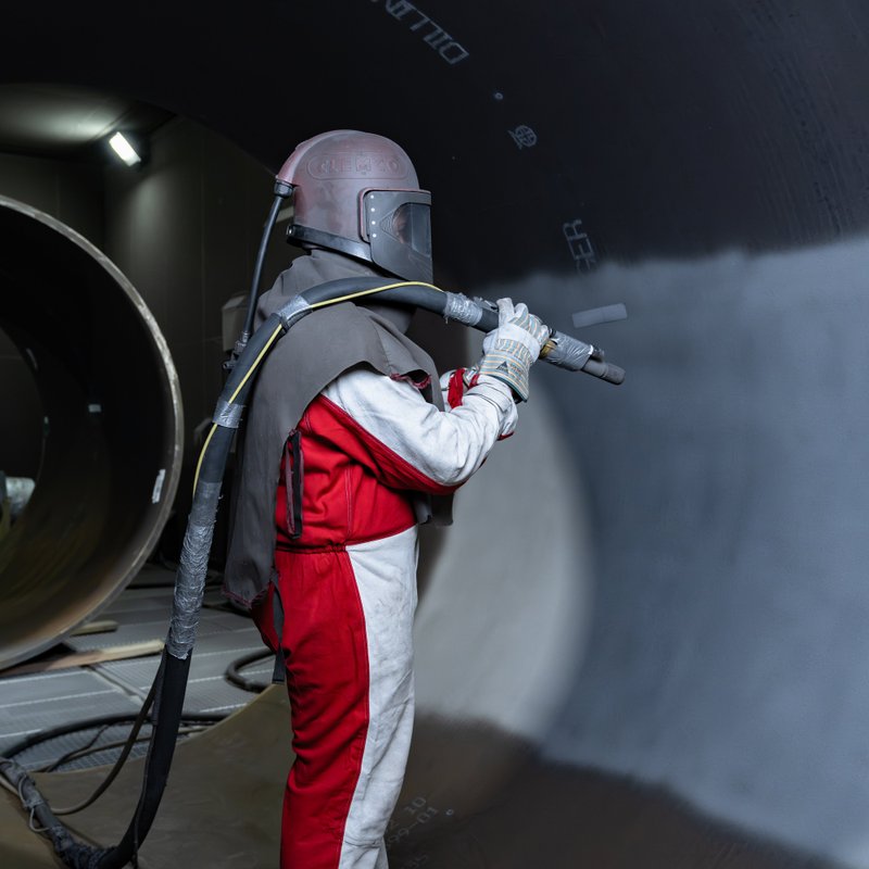 Mitarbeiter bei Strahlarbeiten für Oberflächenbeschichtung